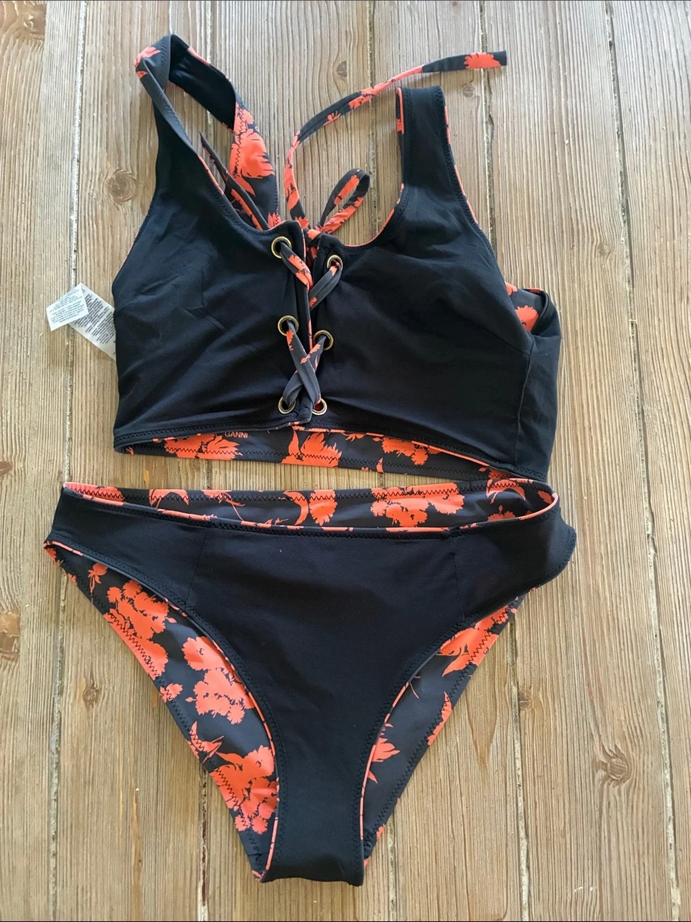 Ganni Floral Recycled Matte Bikini Set in Phantom 36